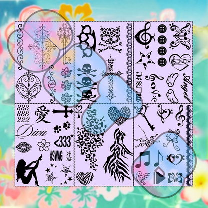 Glitter Tattoo Starter Kit | 6 Sheets + 9 Glitter Colours